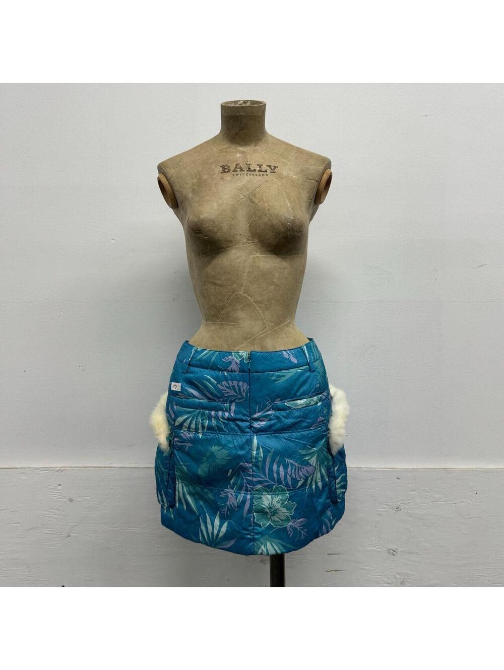 Vintage Callaway Golf Tropical Floral Puffer Mini Skirt w Rabbit Fur Trim